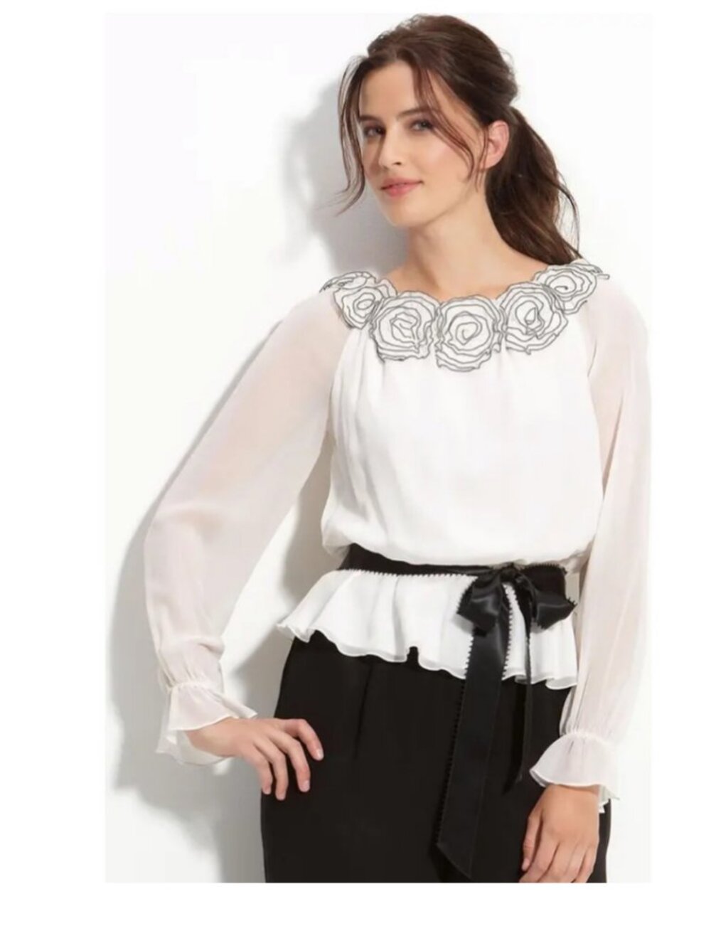 ADRIANNA PAPELL Rosette Chiffon White BLOUSE Size: XL